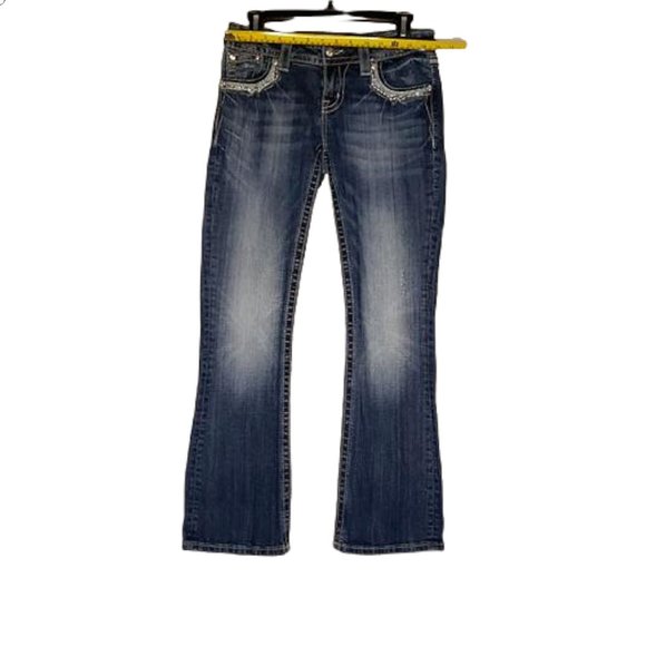 Miss Me Relaxed Bootcut Denim Jeans Blue Rhinestone Pockets Womens Size 26 - Picture 11 of 12